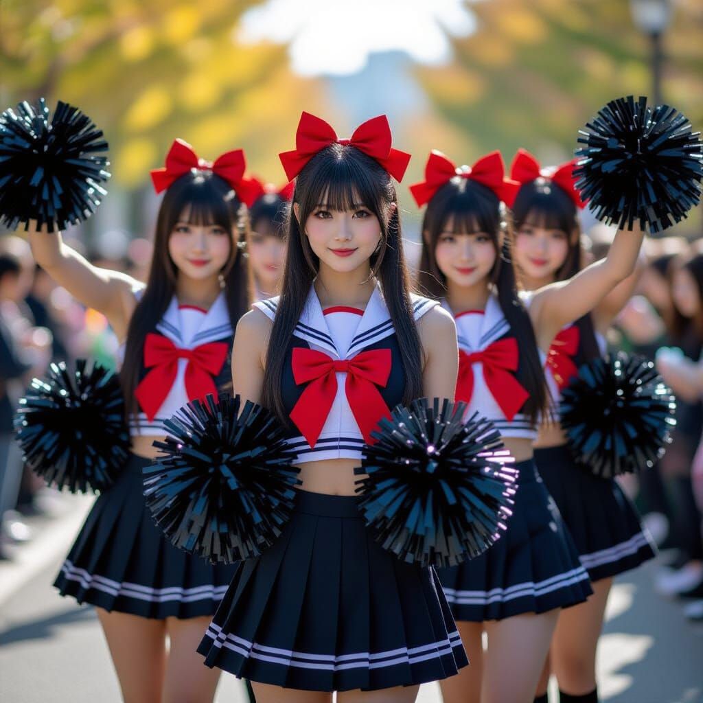 Japanese Goth Cheerleaders with Pom Poms