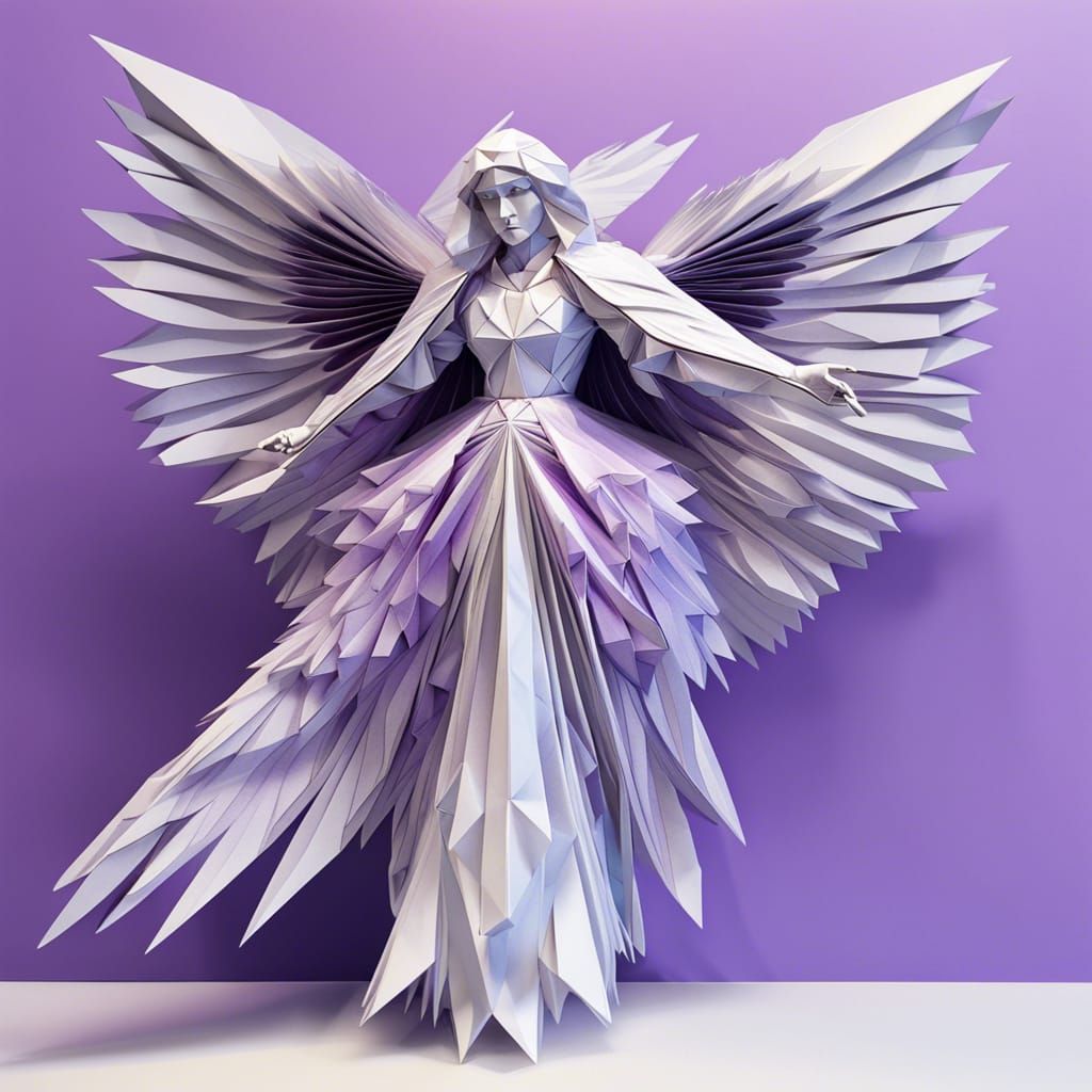Iridescent Origami Angel in Low Poly Style