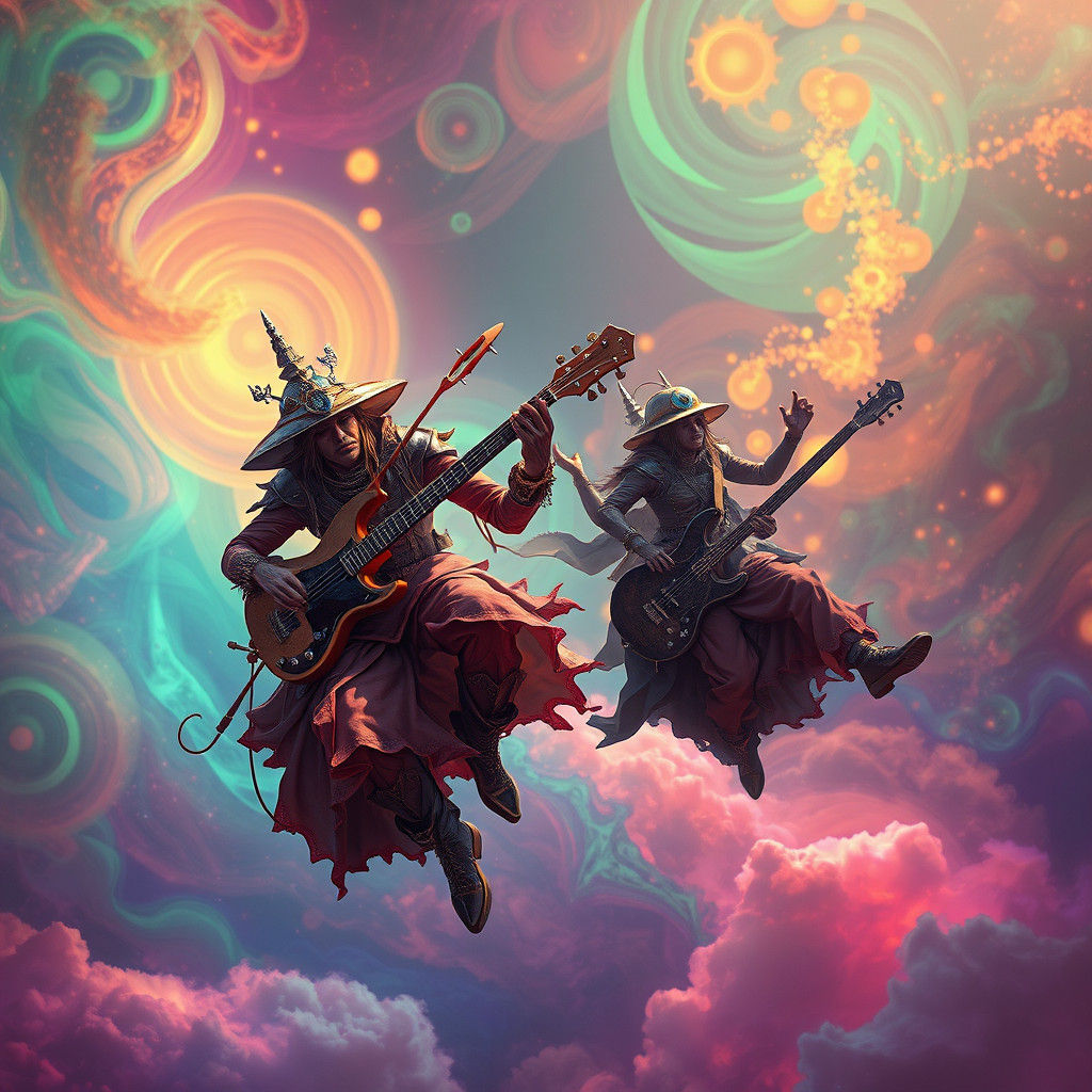 Steampunk Musicians Soaring in Dreamlike Aurora