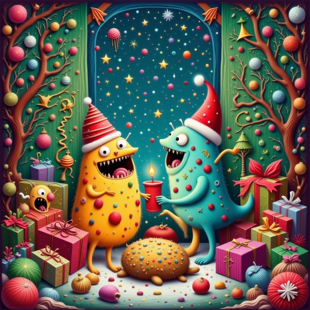 Whimsical Cartoon Monsters Celebrate Christmas