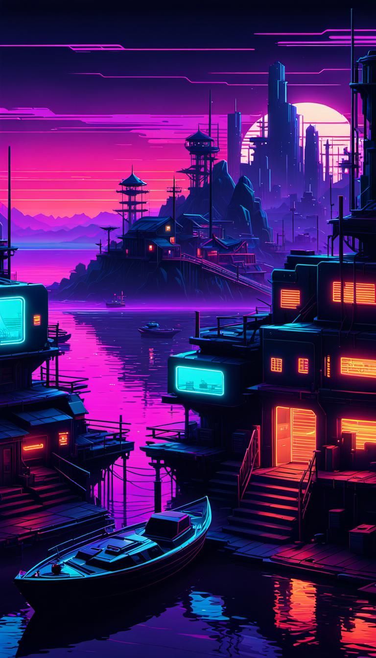 Cyberpunk Shore Town with Vaporwave Landscape
