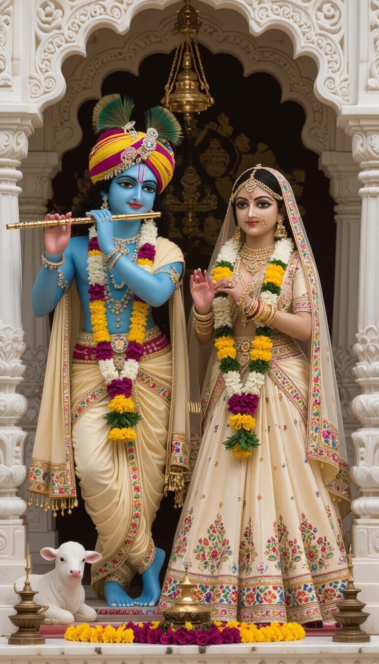Krishna and Radha in Temple, Raja Ravi Varma Style