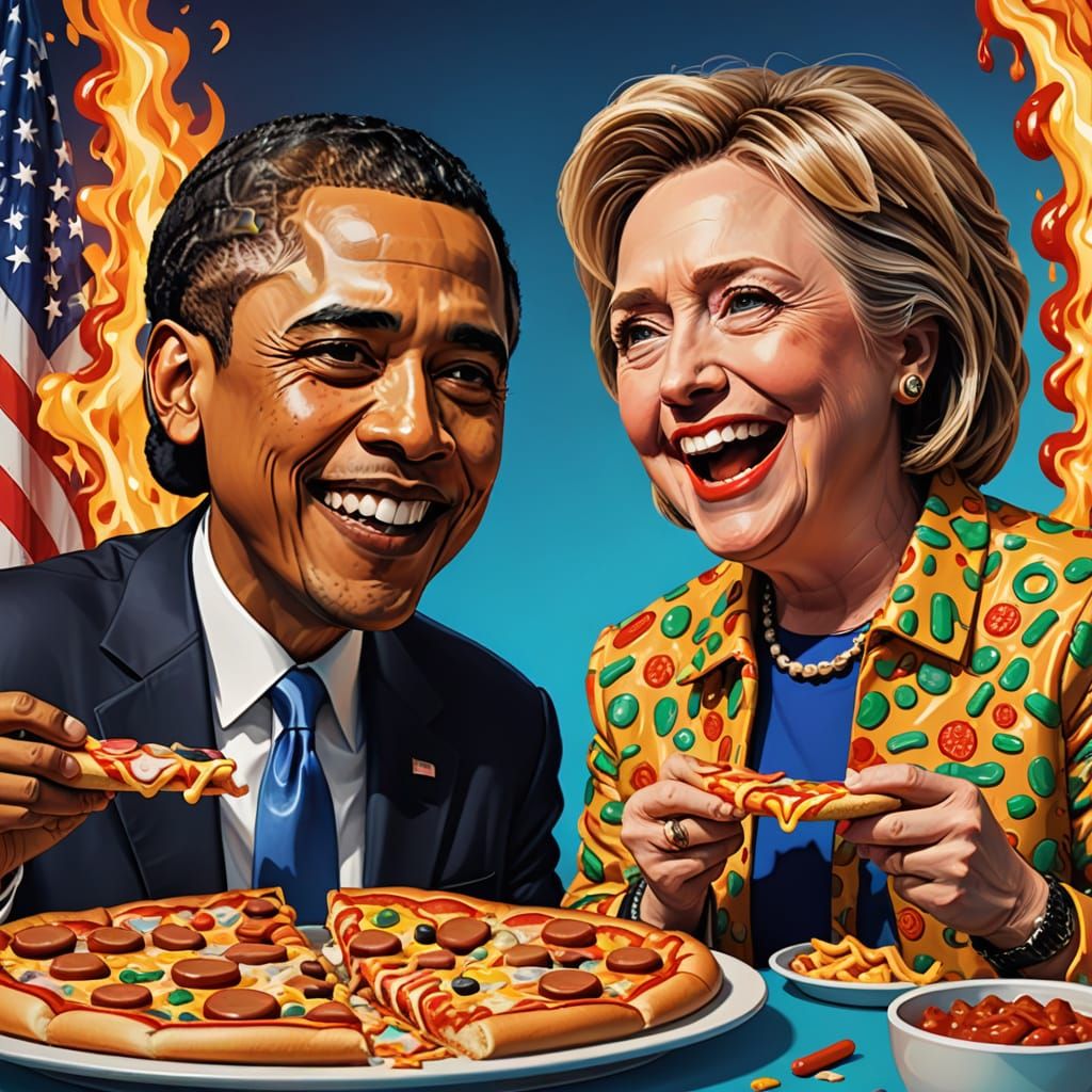 Hillary Clinton takes a big bite of pizza 🍕 while Barack Obama prefers hot dogs. 🌭