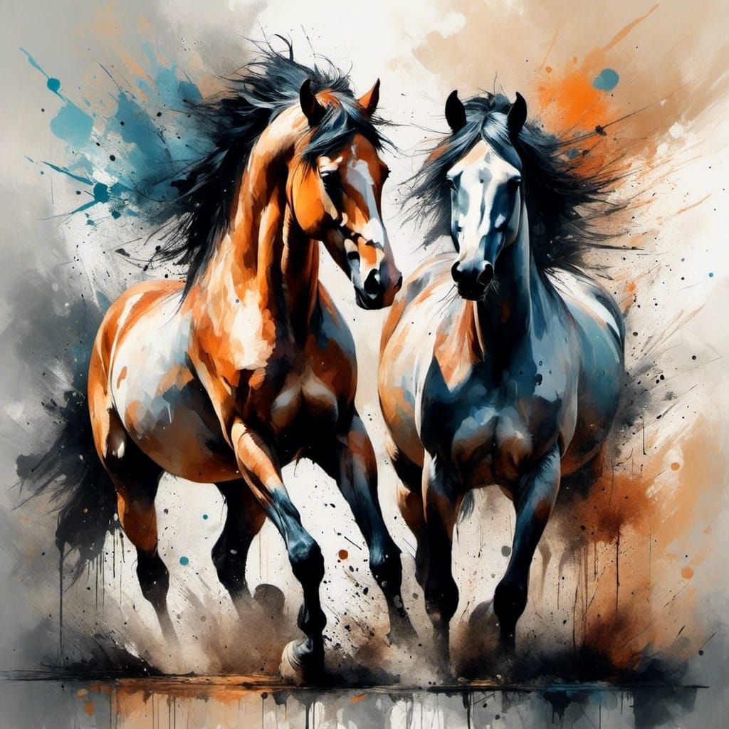 Wild Horses Rearing Up in Dust Cloud