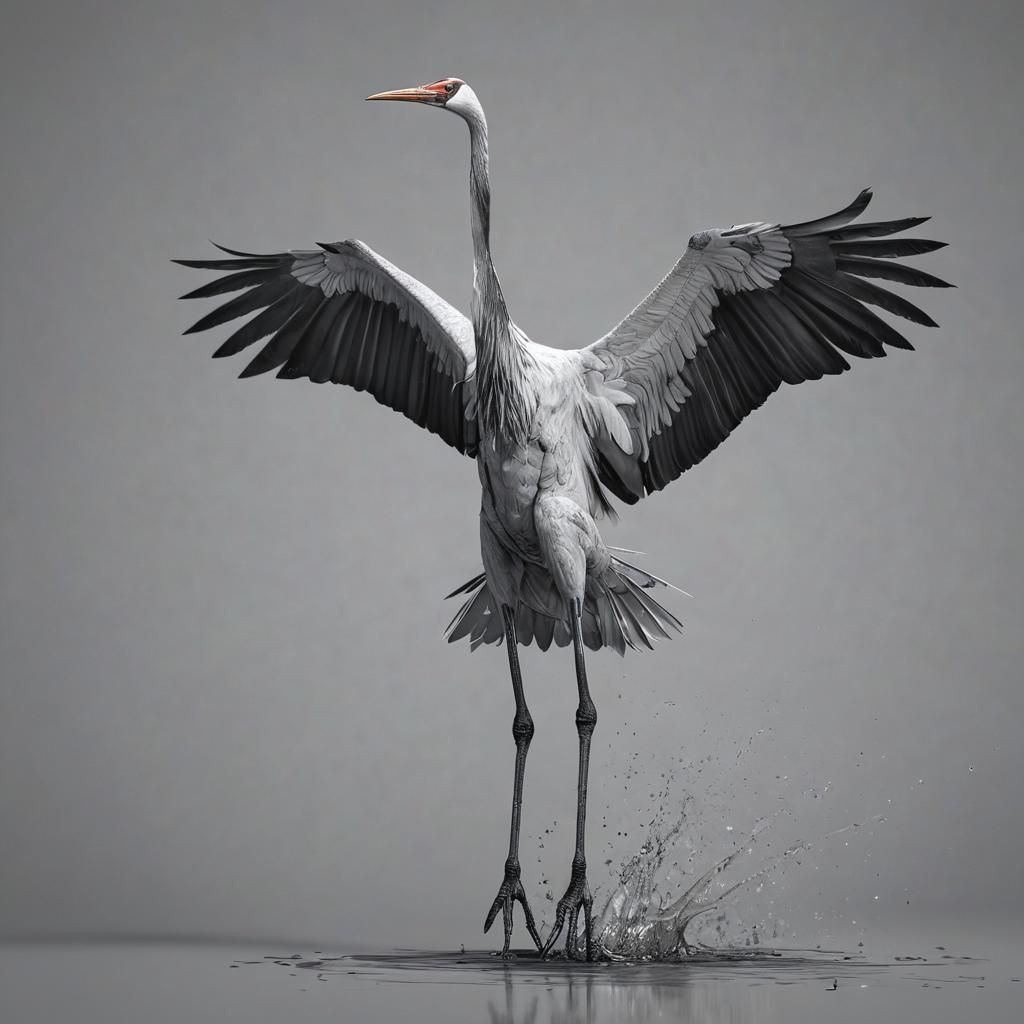 Minimalist Crane in Flight: Black and White Hyperrealism