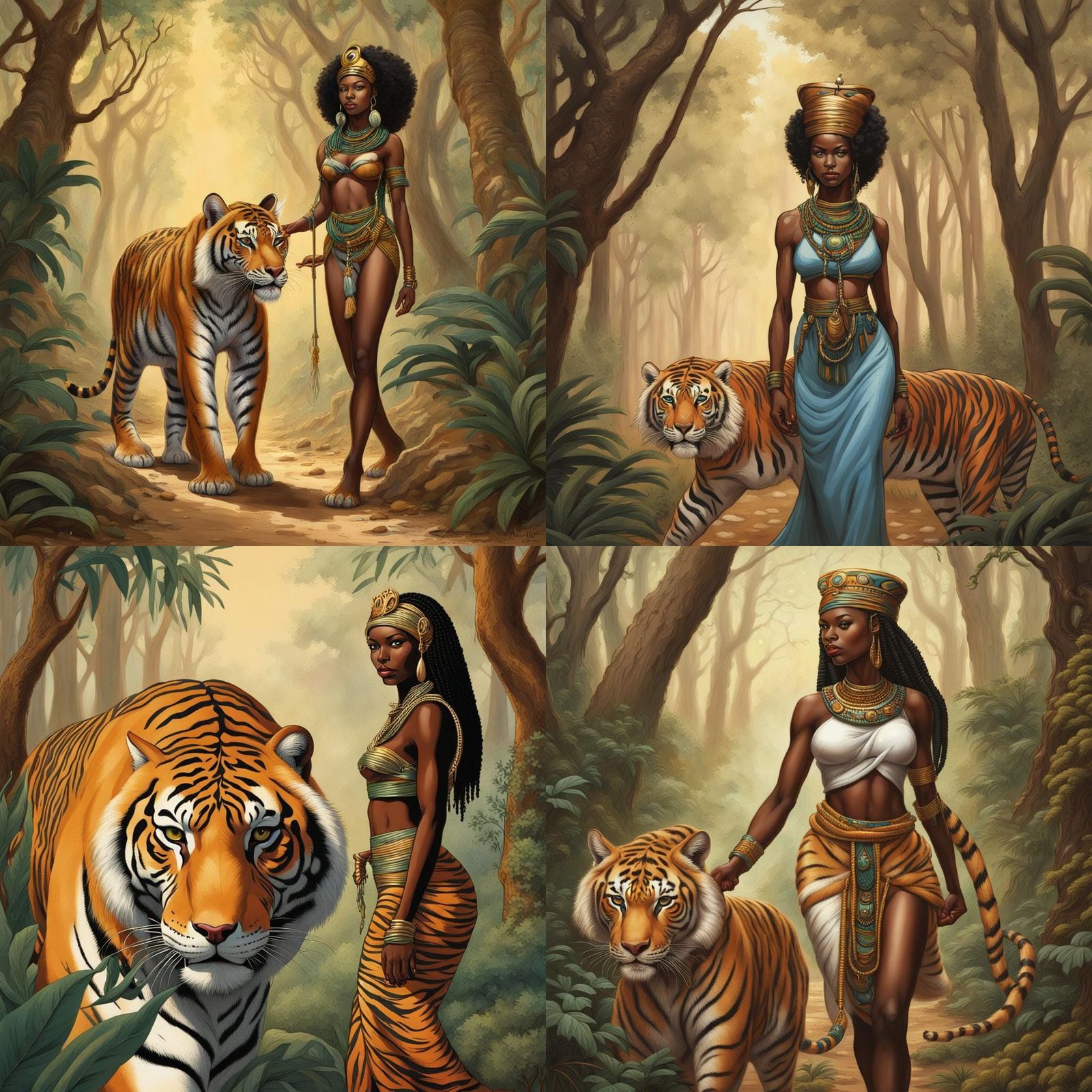 Nubian Queen and Tiger in Forest