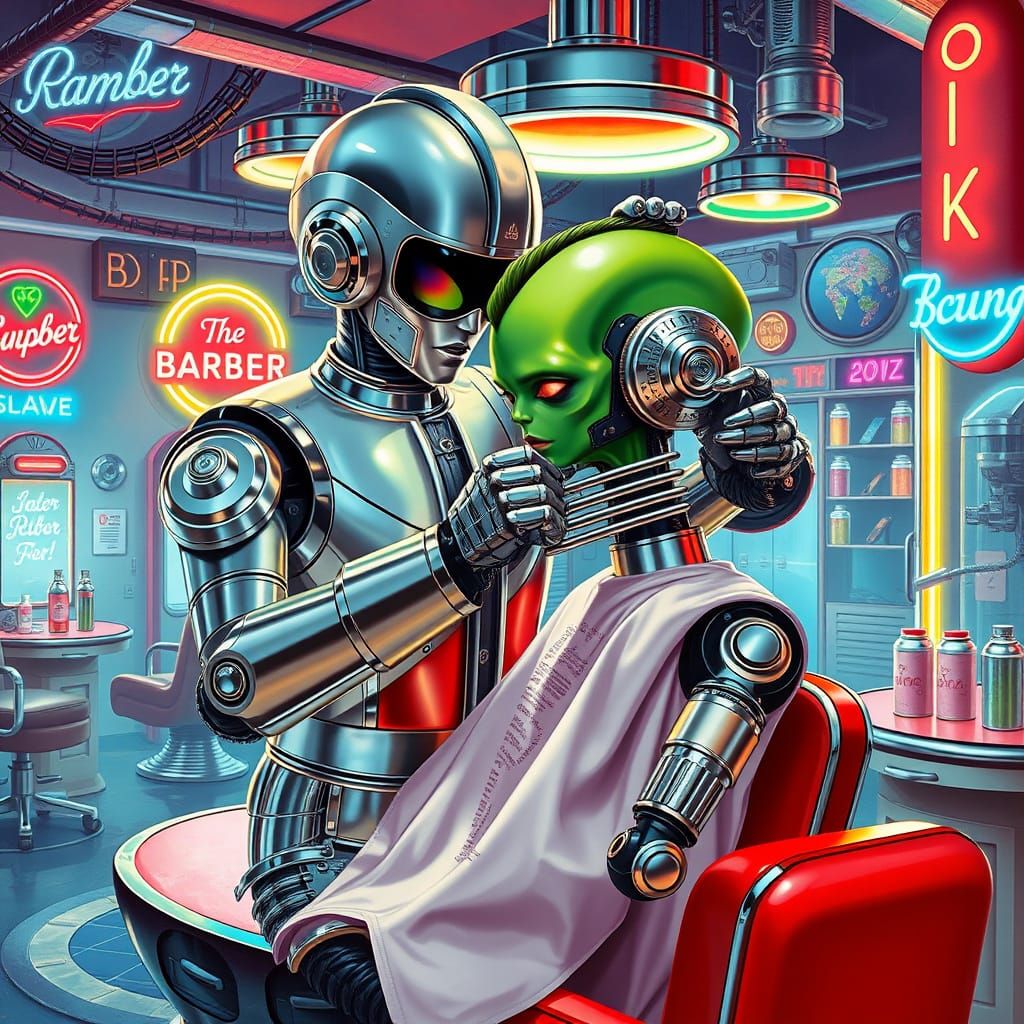 Retro-Futuristic Robot Barber Styles Alien's Hair on Floatin...