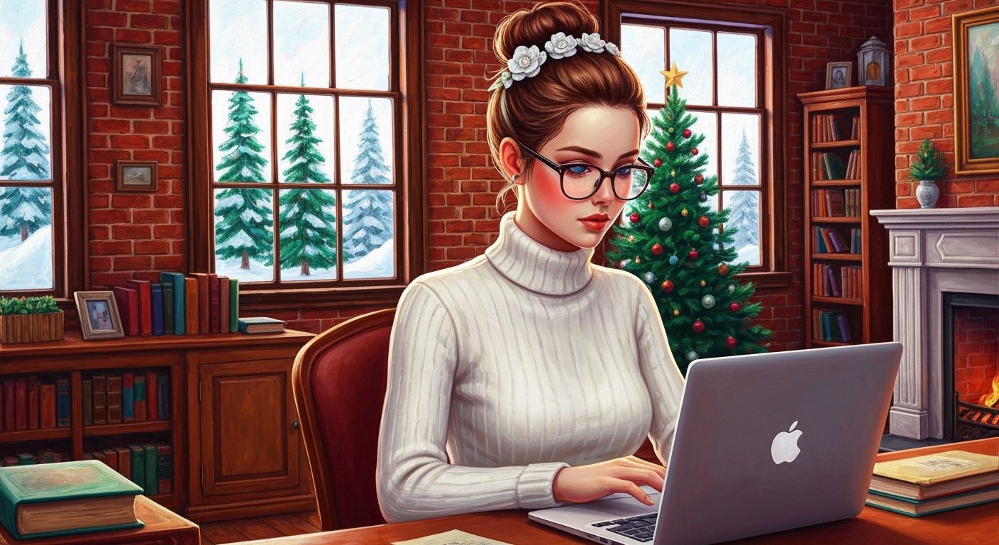 Woman Working at Desk in Snowy Victorian Room