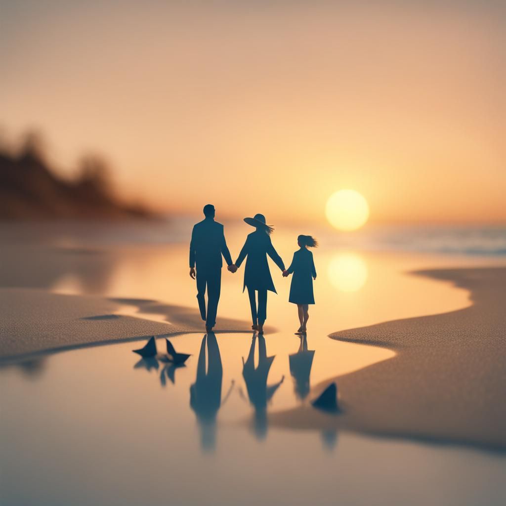Couple Holding Hands on Beach in Origami Style