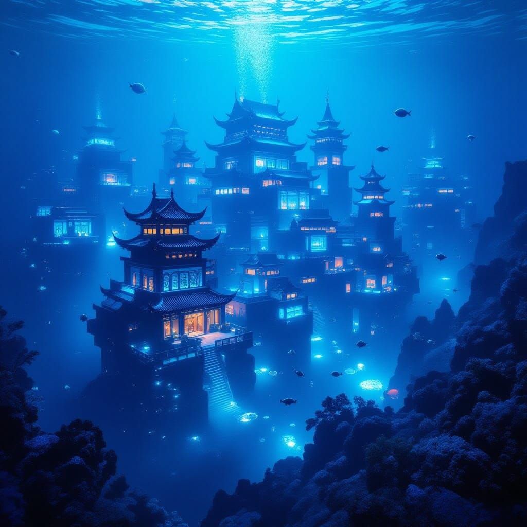 Enchanted Underwater Metropolis in Dark Blues