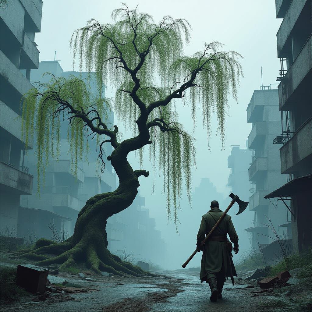 Willow Tree in Concrete Jungle, Moody Digital Art