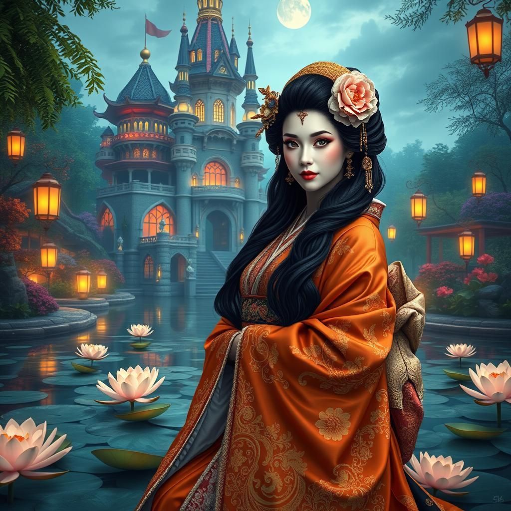 Ornate Geisha in Japanese Garden, Digital Art