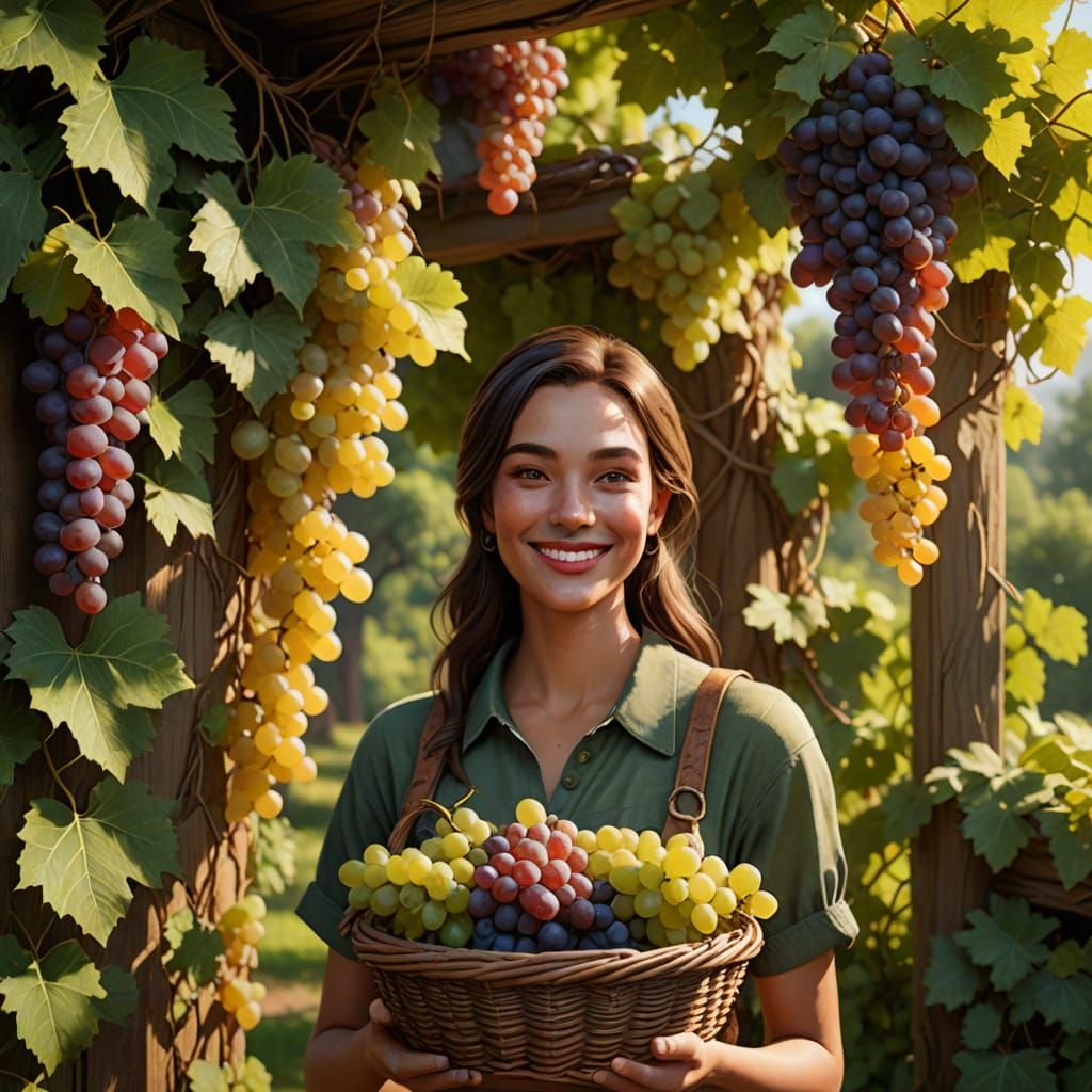 A beautiful  woman harvesting grapes in her vineyard.