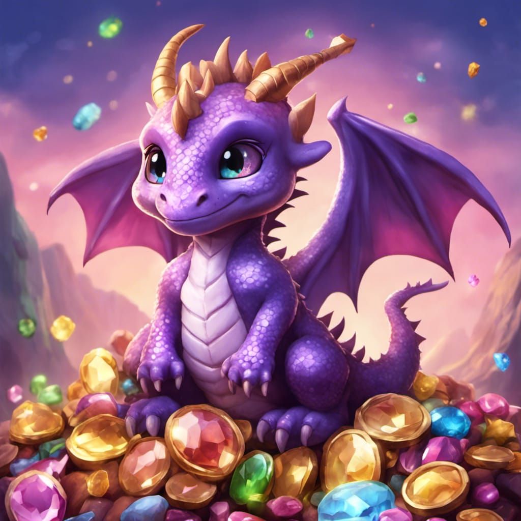 Cute Purple Dragon on Treasure Pile
