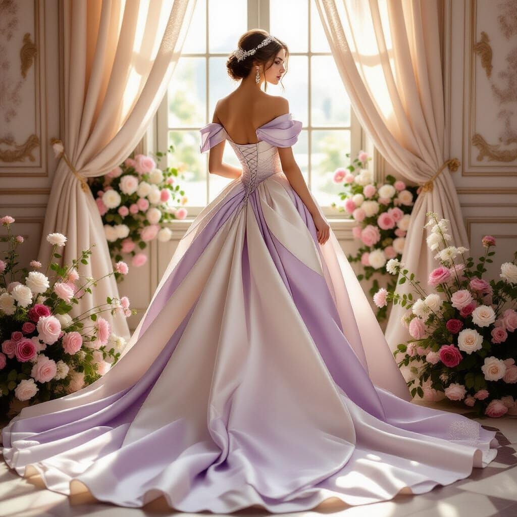 Beautiful Woman in Lilac & Cream Wedding Dress
