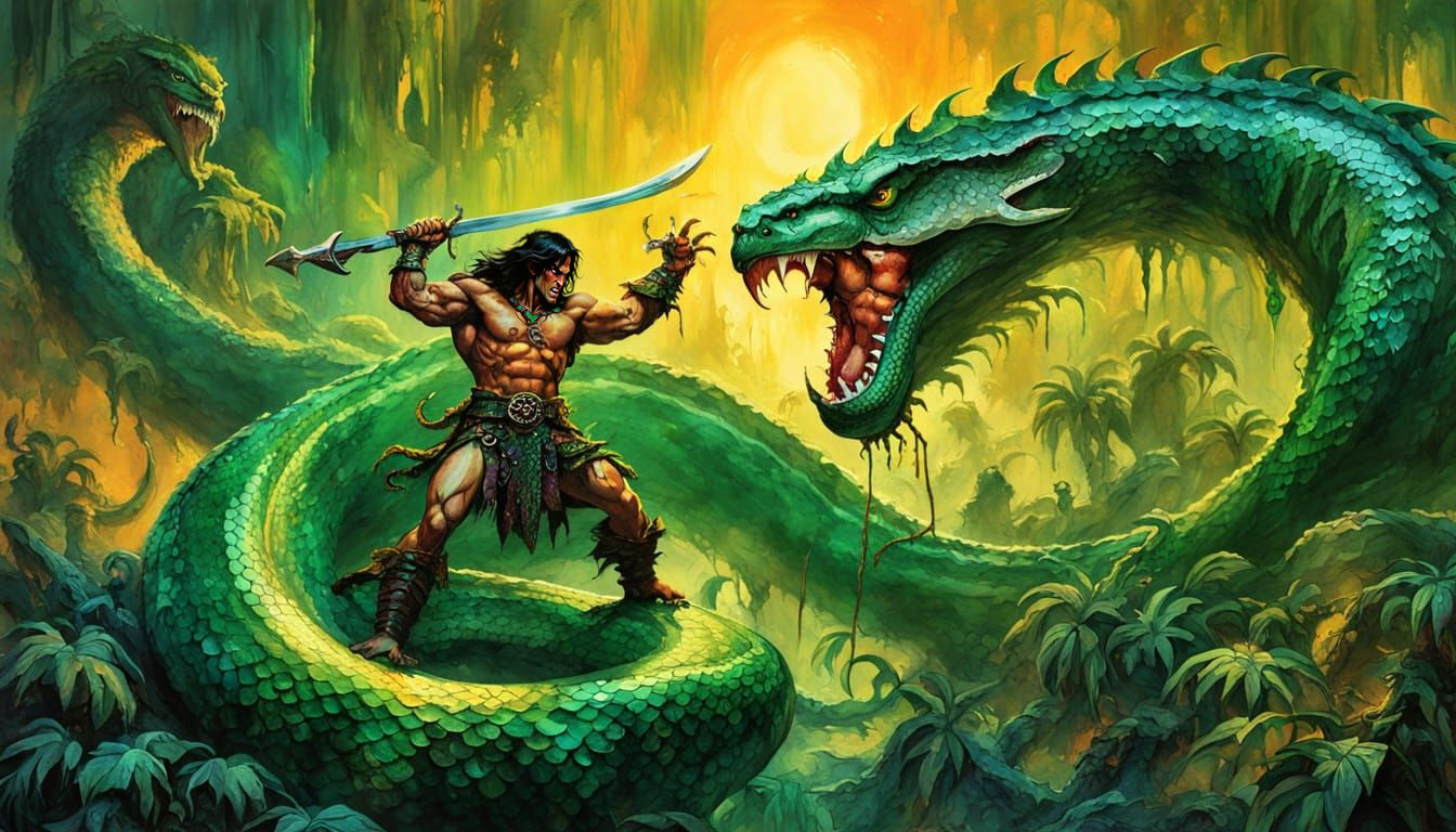 Conan Slaying Snake in Alcohol Ink Style