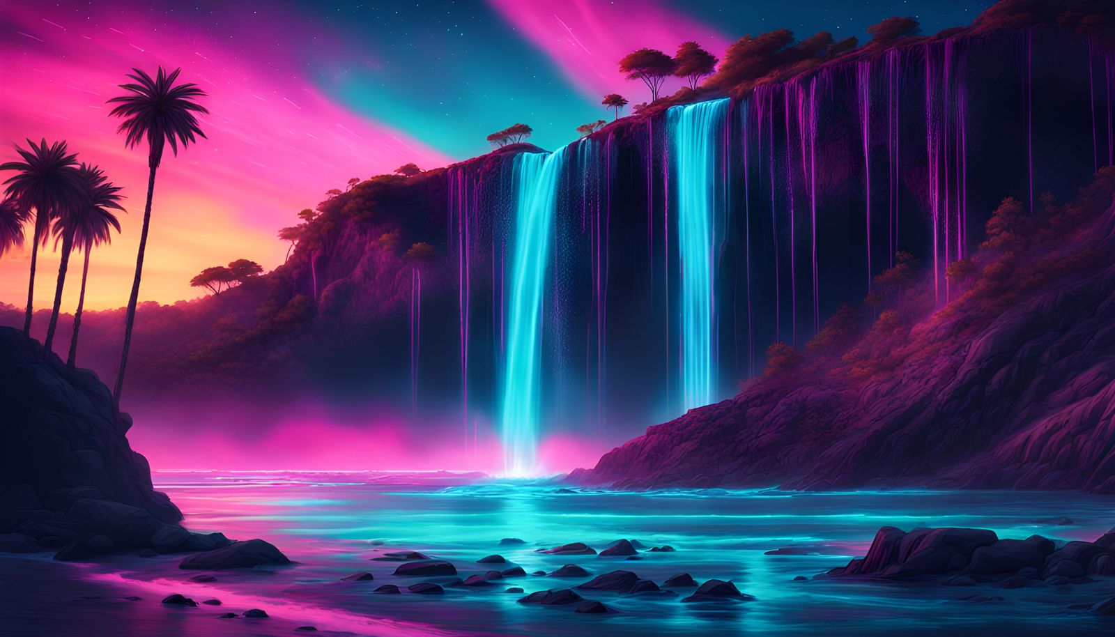 Bioluminescent Waterfall in Anime Style