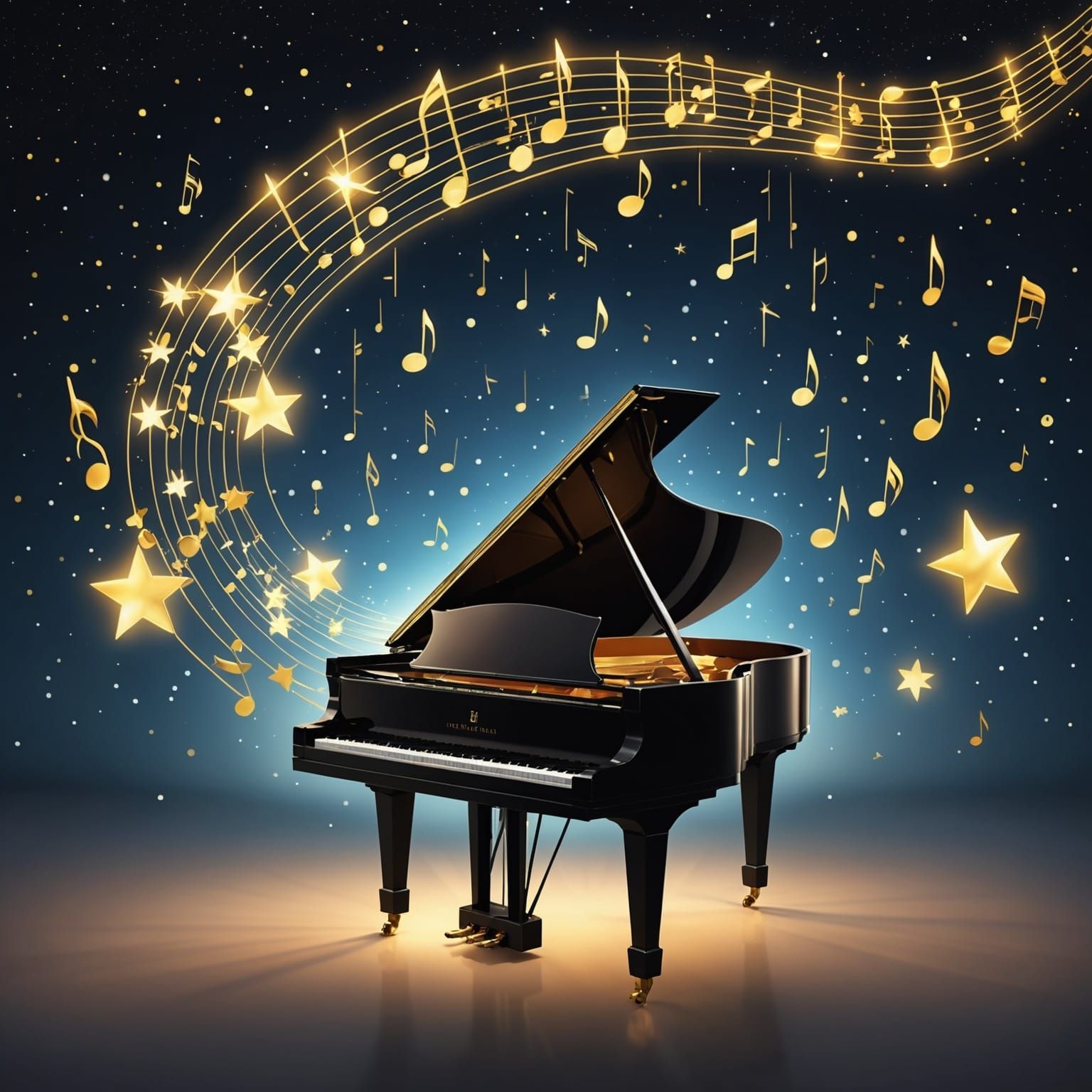 Hyperrealistic Piano with Iridescent Light and Musical Notes