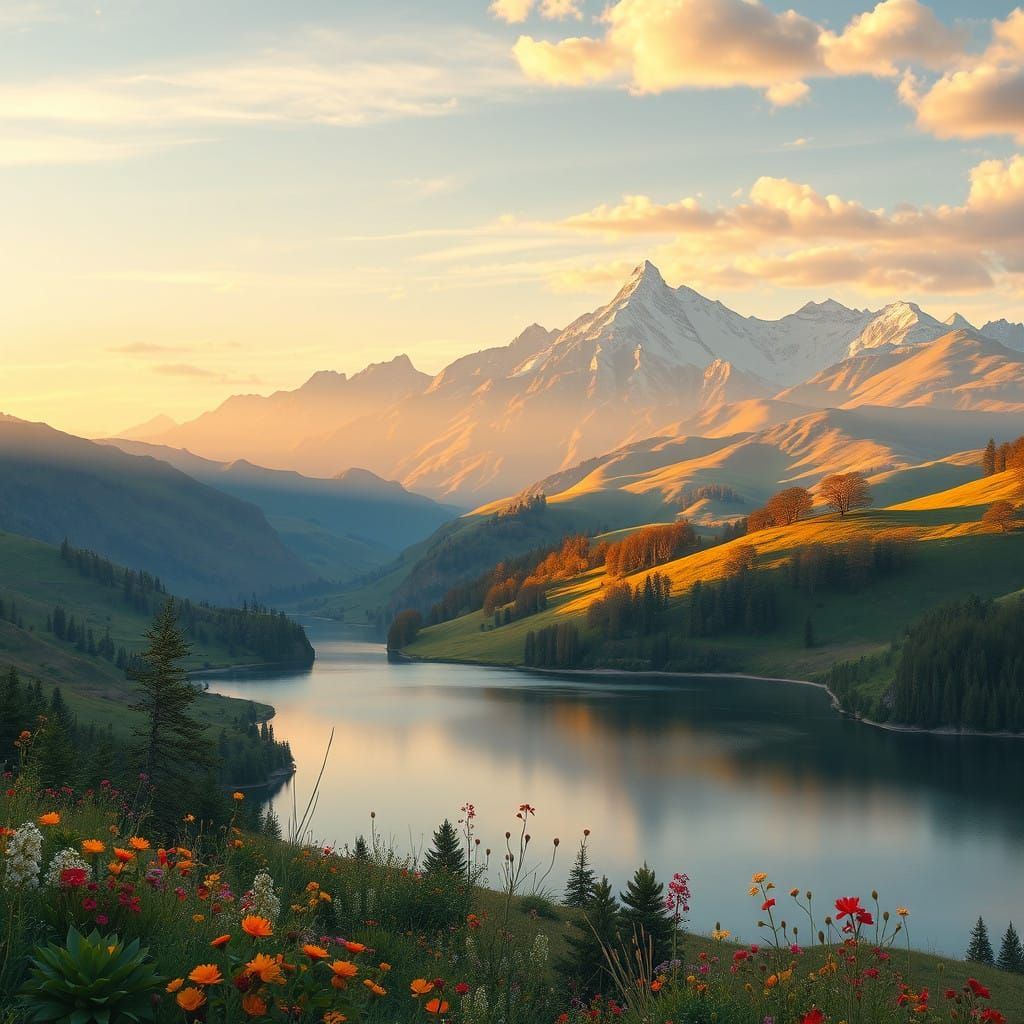 Dreamy Landscape with Majestic Mountains and Tranquil Lake