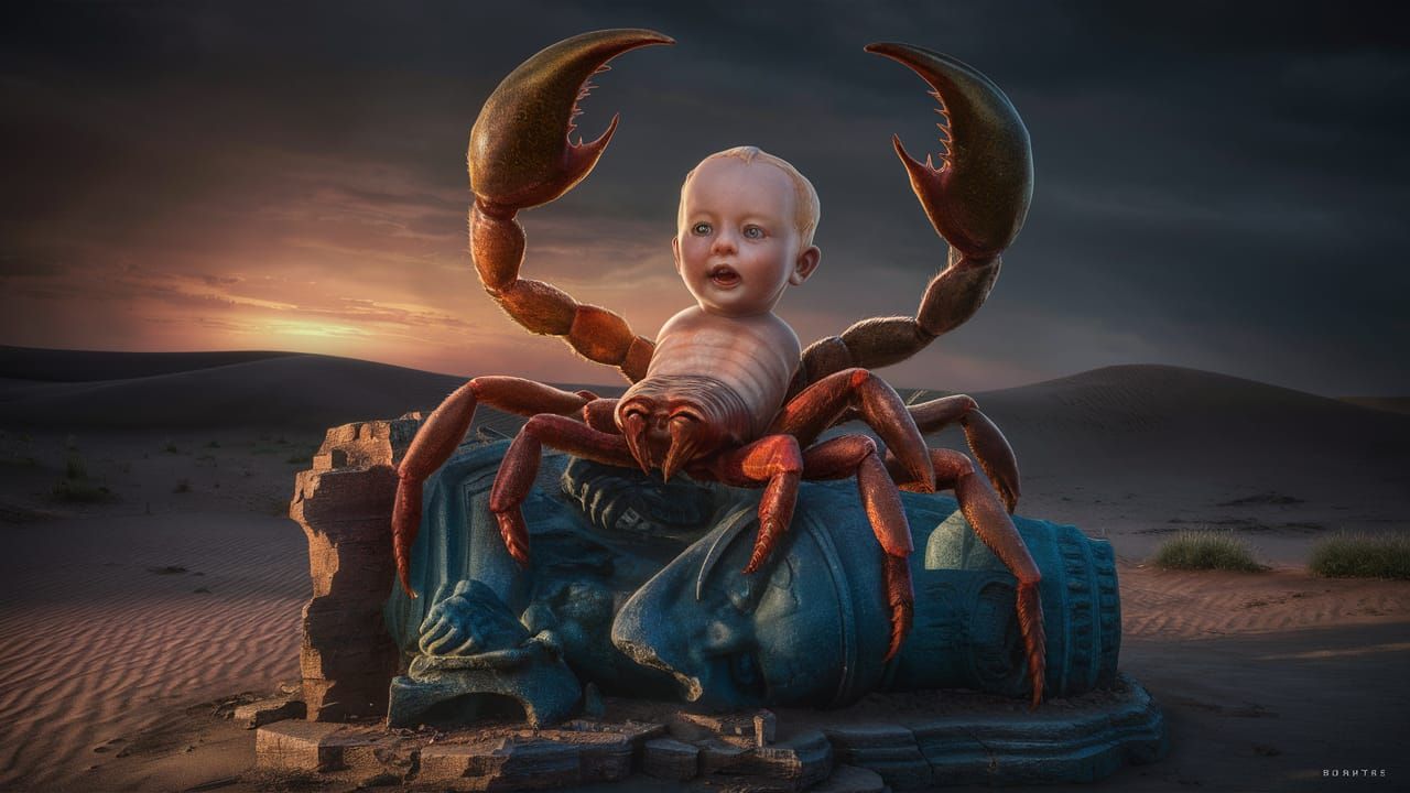 Surreal Scorpion Baby Statue in Desert Sunset