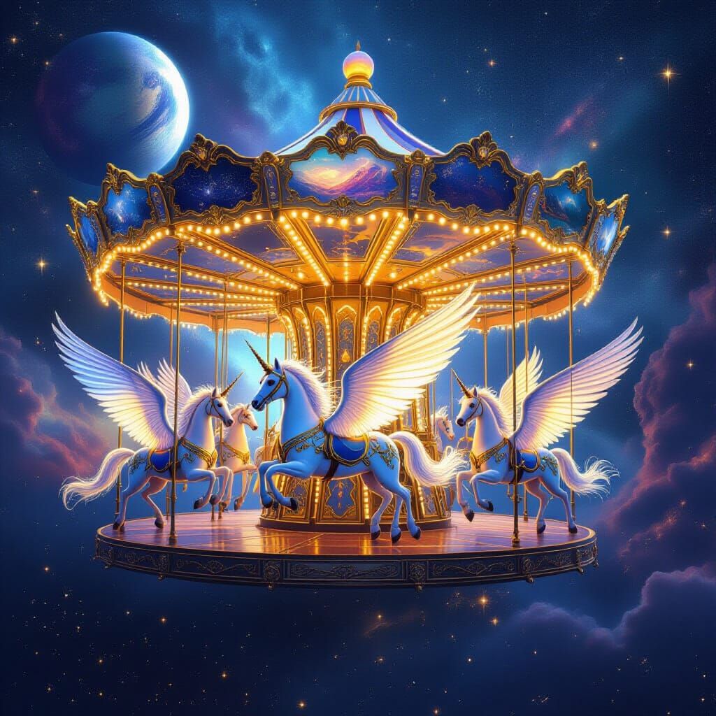Celestial Carousel with Mythical Creatures in Cosmic Void