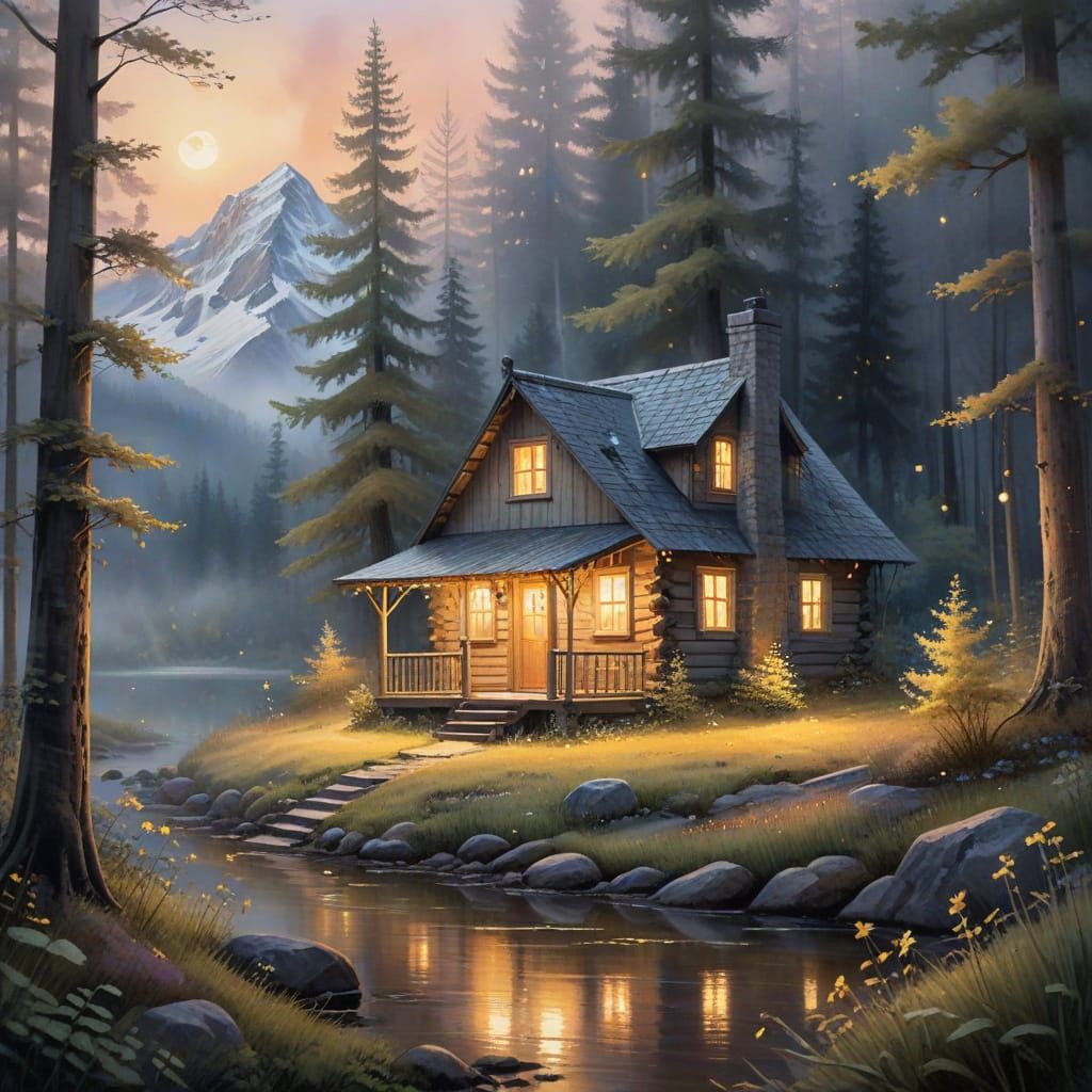Watercolor Cabin in Moonlit Forest