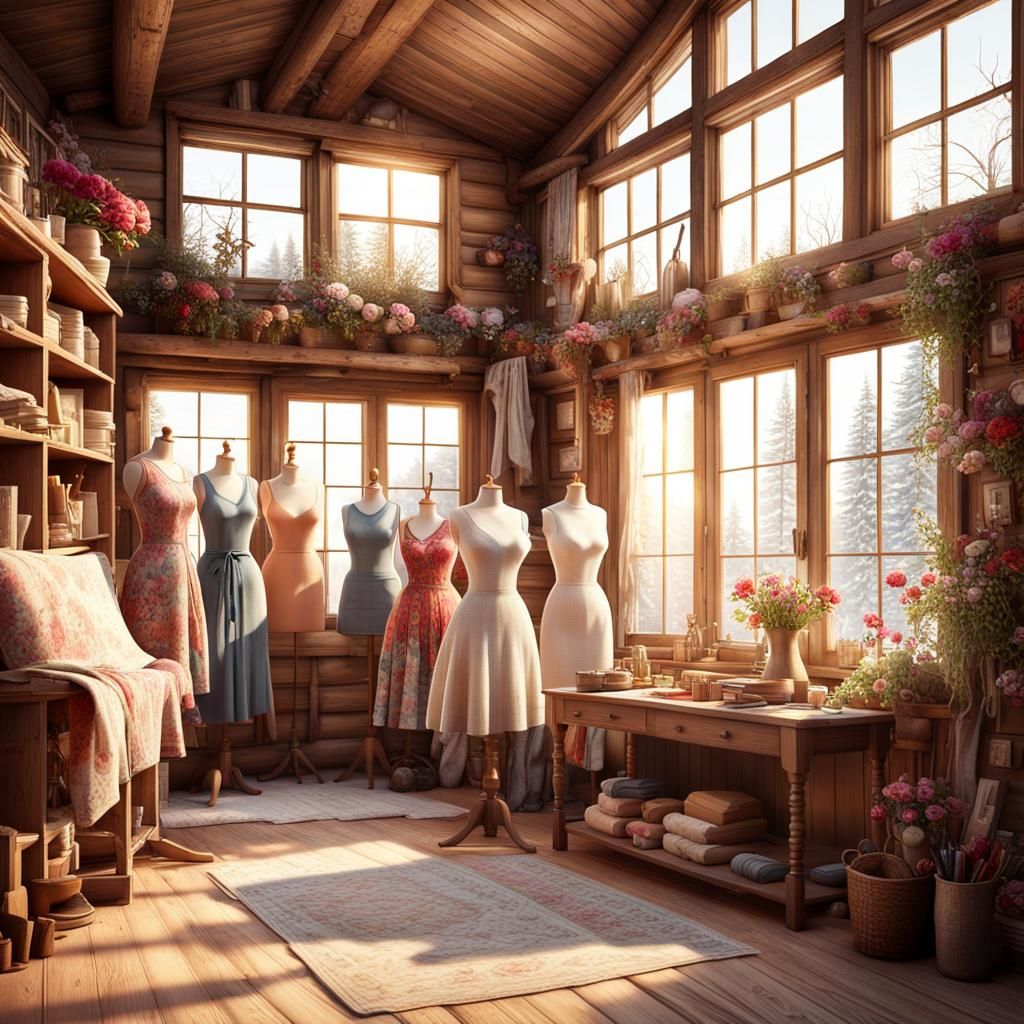 Inviting Dressmaker's Shop Interior in Solarpunk Style
