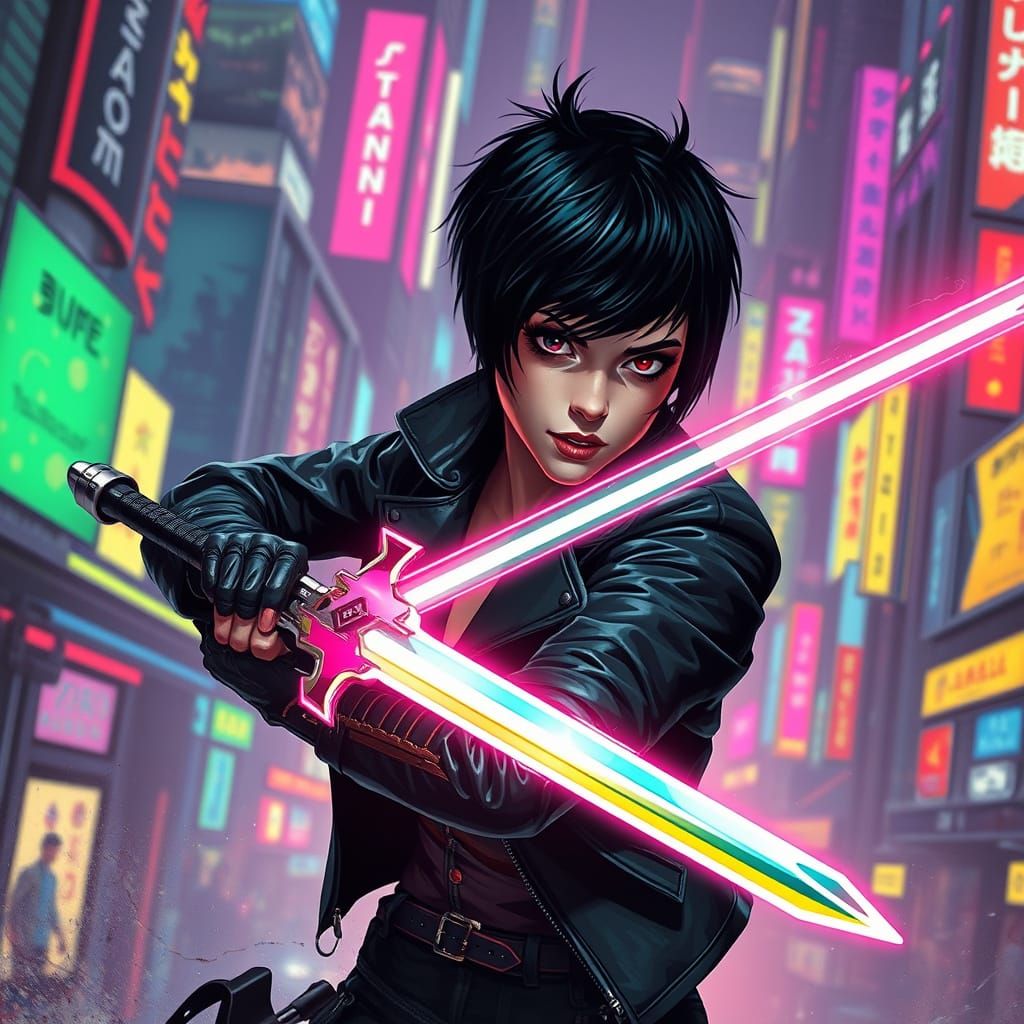 Cyberpunk Rebel Wielding Holographic Sword in Neon City