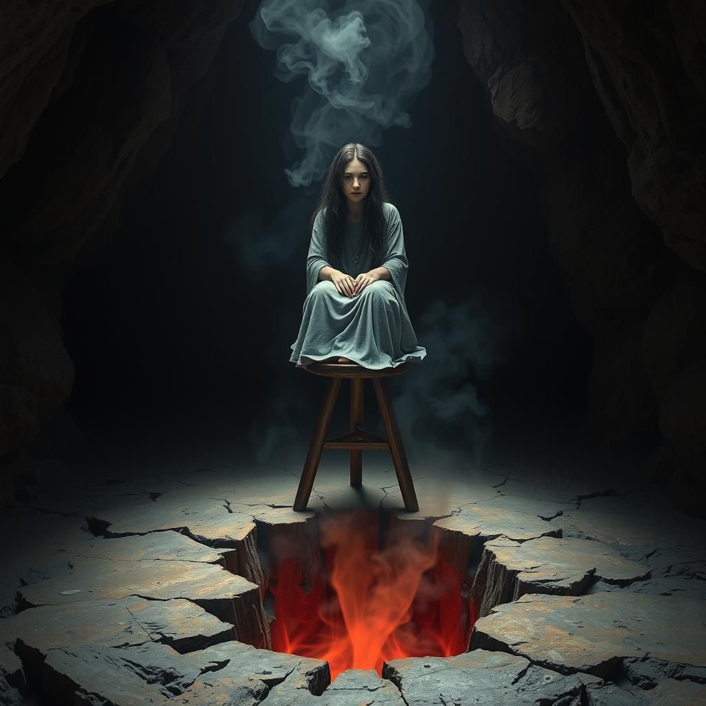 Ancient Greek Priestess Above Fissure in Surreal Cavern