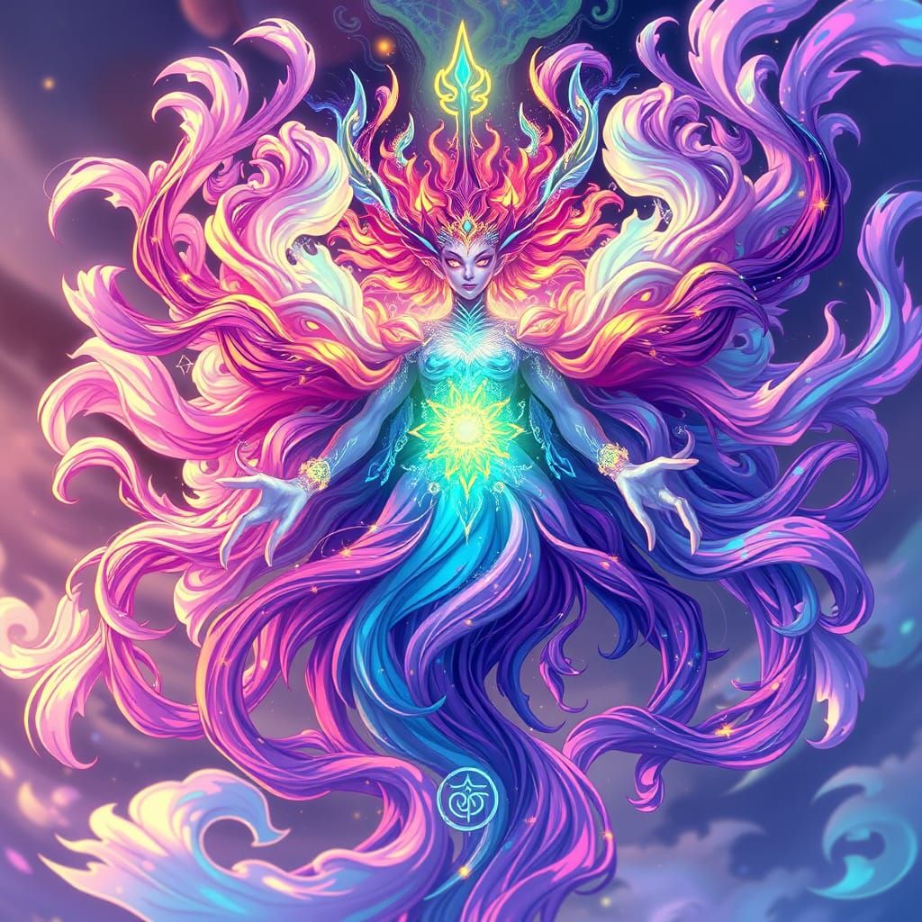 Ethereal Karma Entity in Vibrant, Dreamlike Anime Style