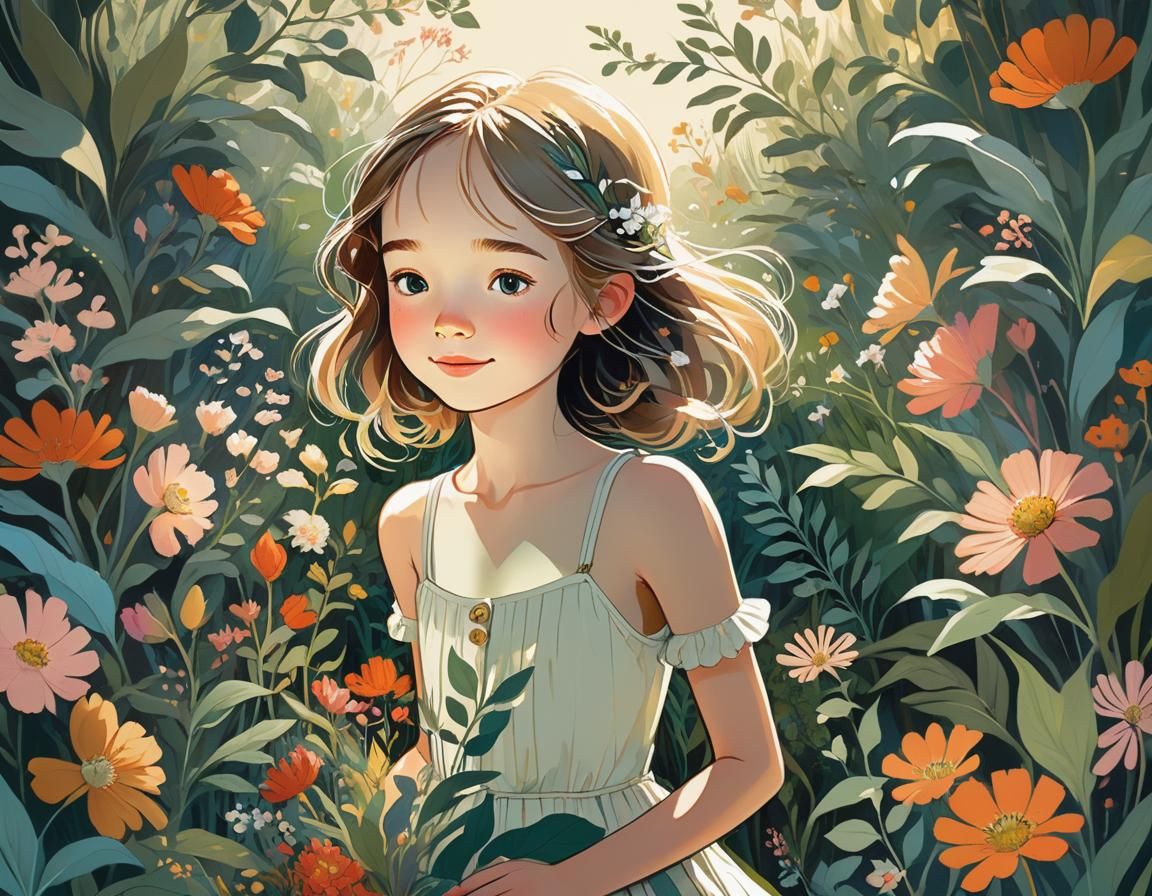 Dreamy Girl in Garden Illustration
