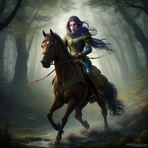 Dreamlike Horse Running in Fantasy Forest: Art Nouveau