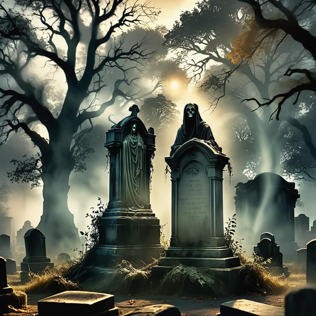Ethereal Spirit Floats in Haunted Cemetery: Digital Art