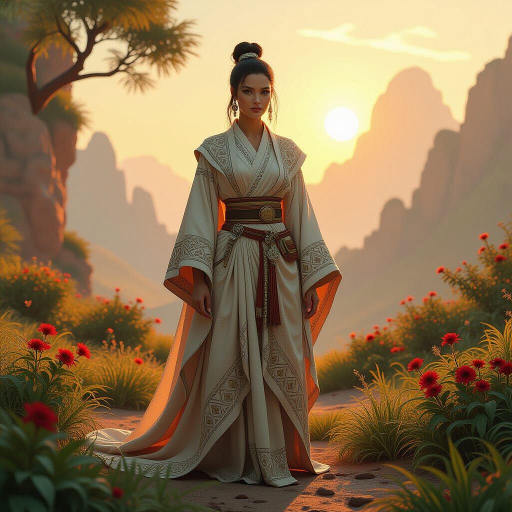 Elegant Trailian in Golden Landscape, Inspired by Stalenhag