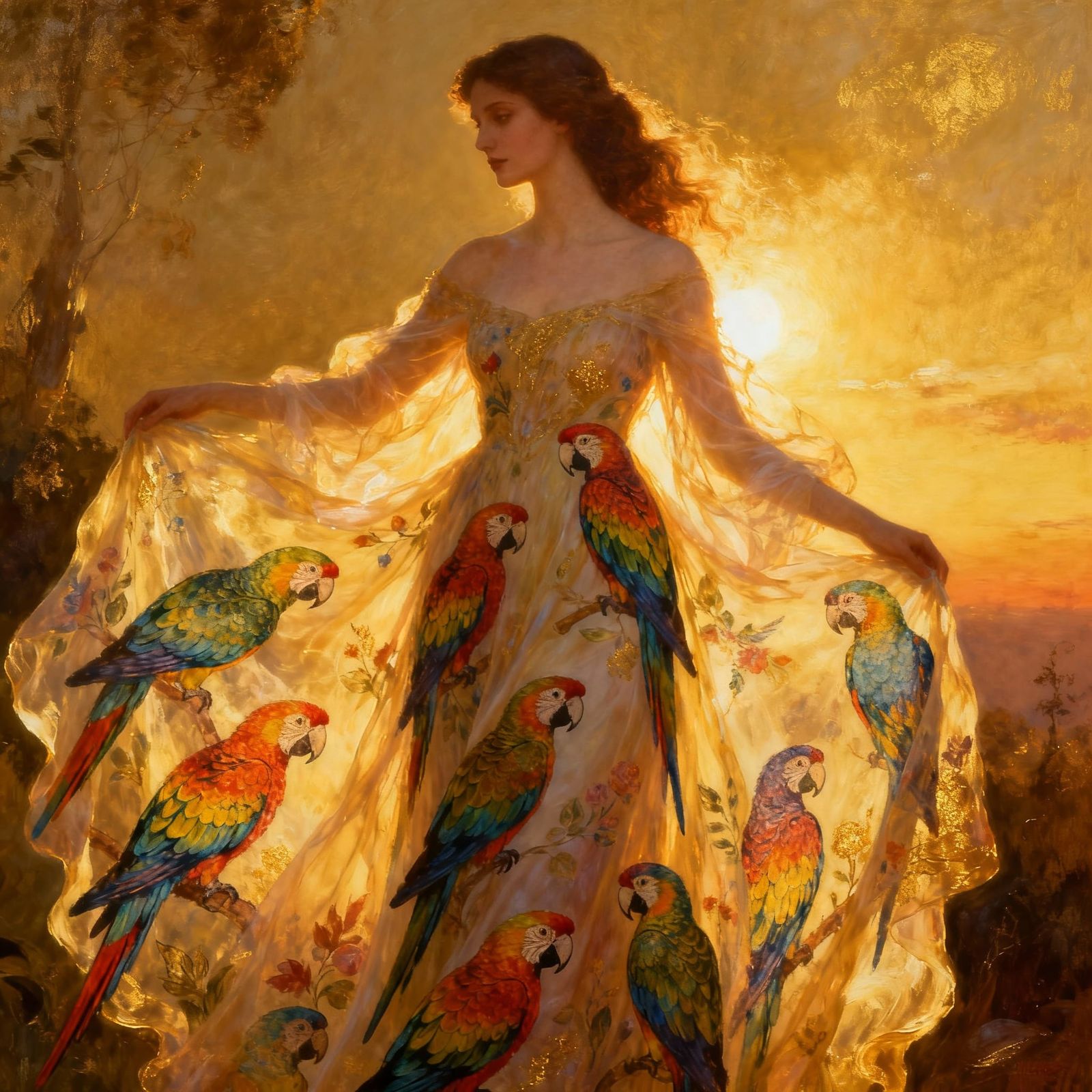 Woman in Ethereal Macaw Dress Under Golden Hour Light