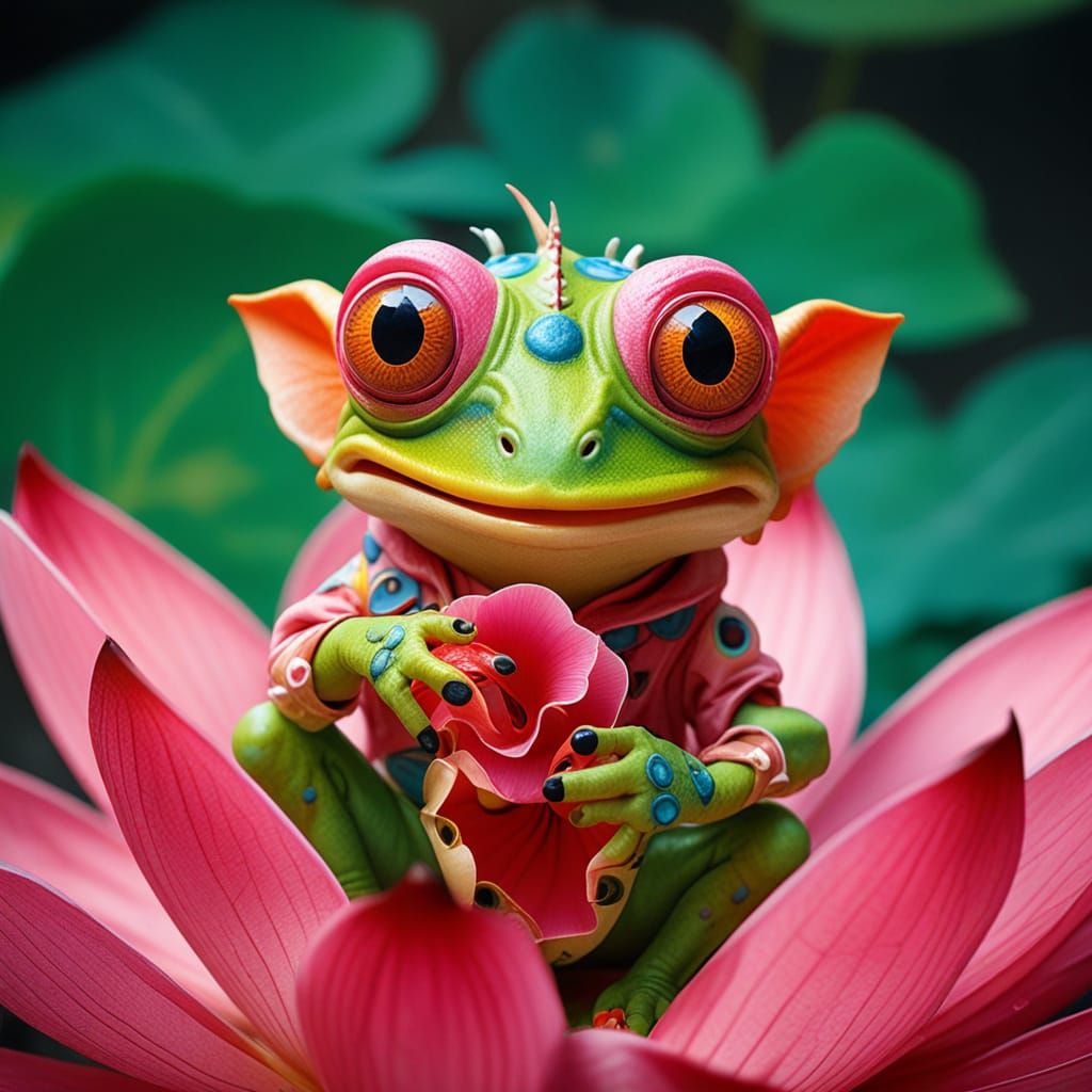 An adorable murloc sitting inside a pink lotus flower