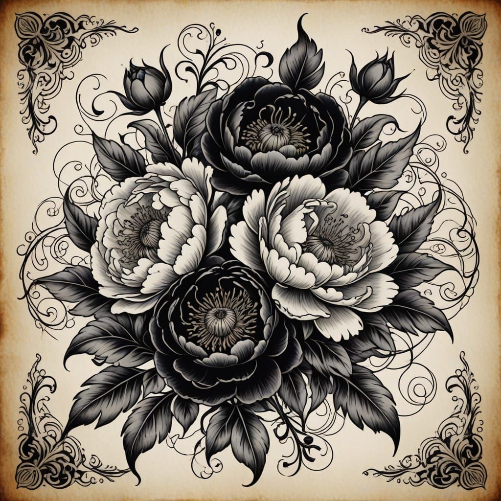 Baroque Gothic Tattoo Art Peony Design
