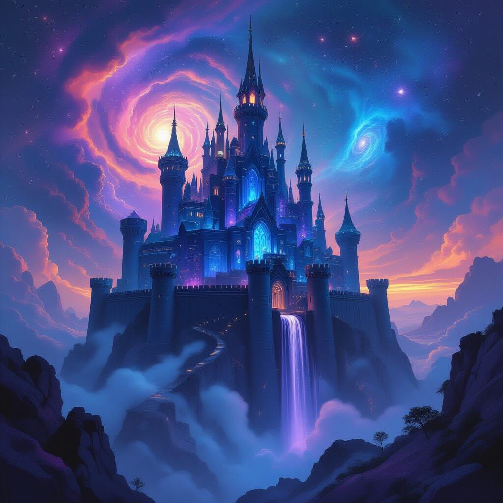 Obsidian Castle Floating in Cosmic Nebula