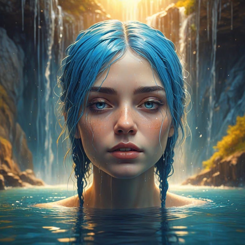 Surreal Person with Waterfalls in Head: Dreamlike Painting