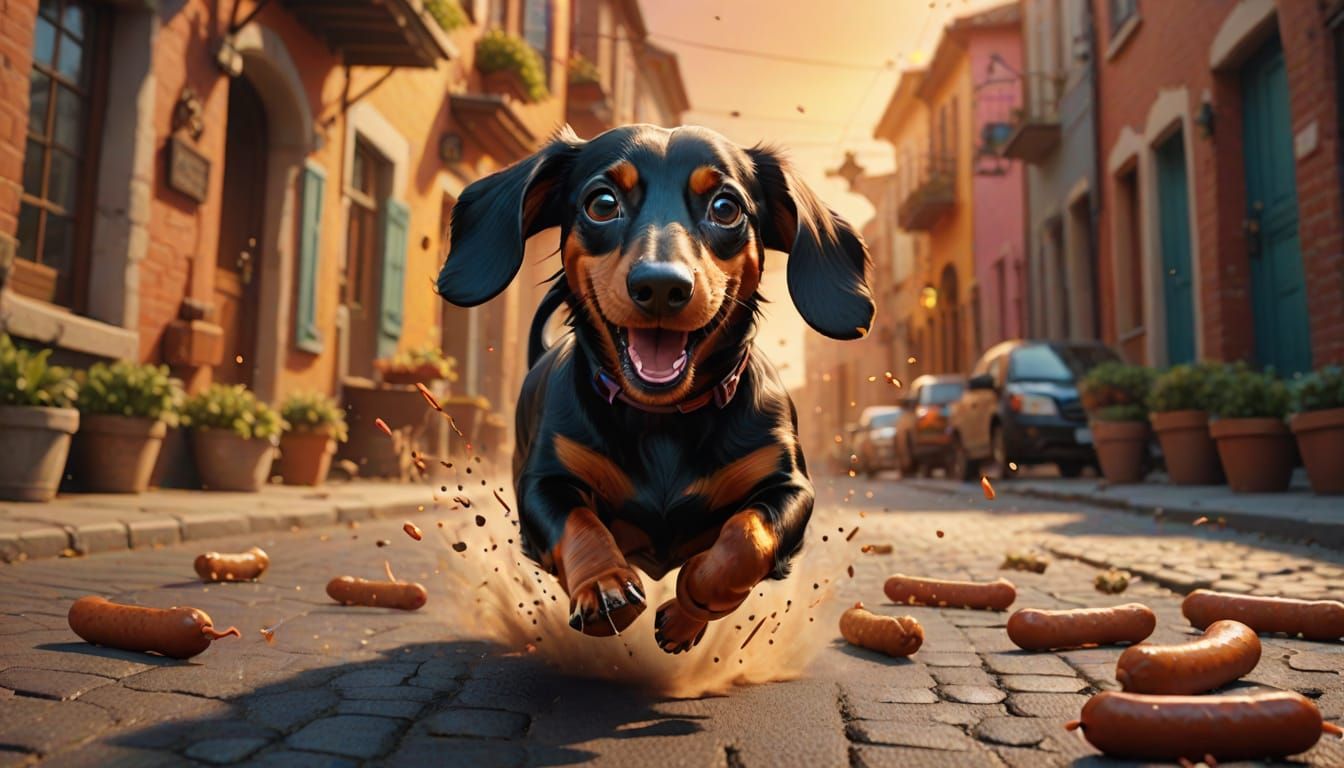 Dachshund Chasing Sausage in Whimsical Digital Matte Paintin...