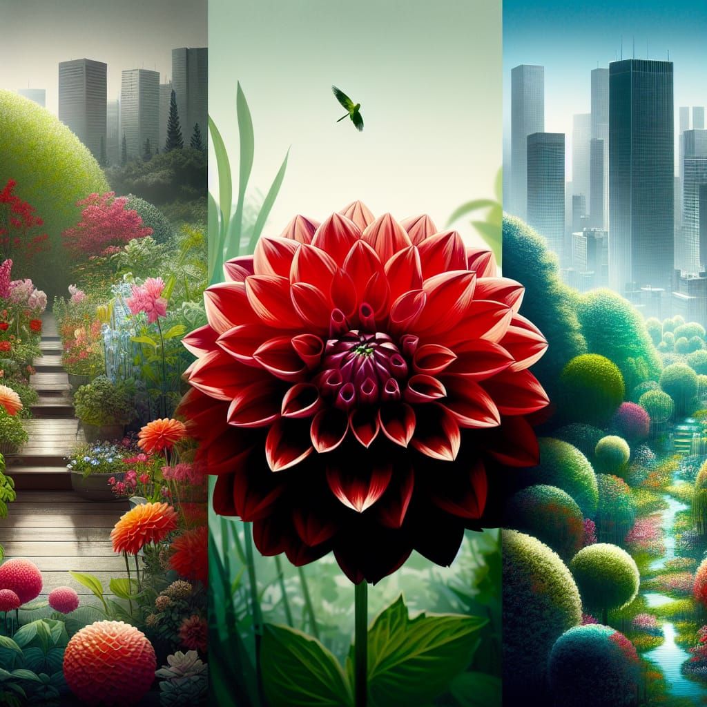 Red Dahlia Reveals Lush Cityscape