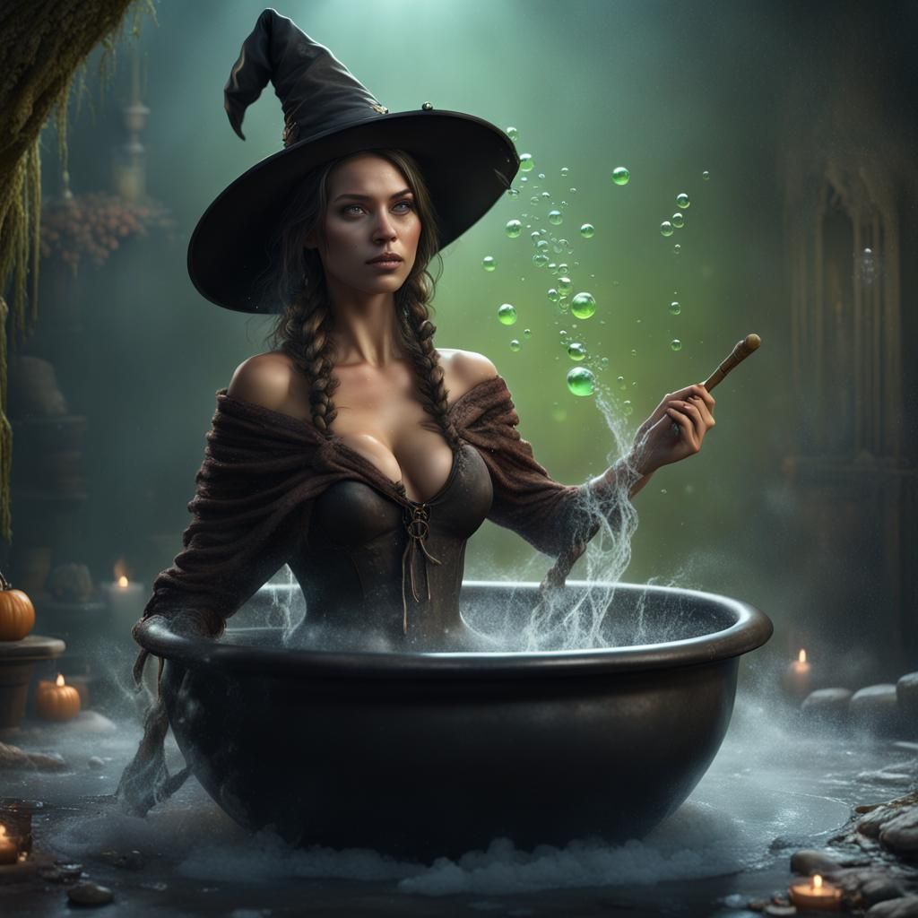 Hyperrealistic Witch Bathes in Cauldron with Lime Bubbles
