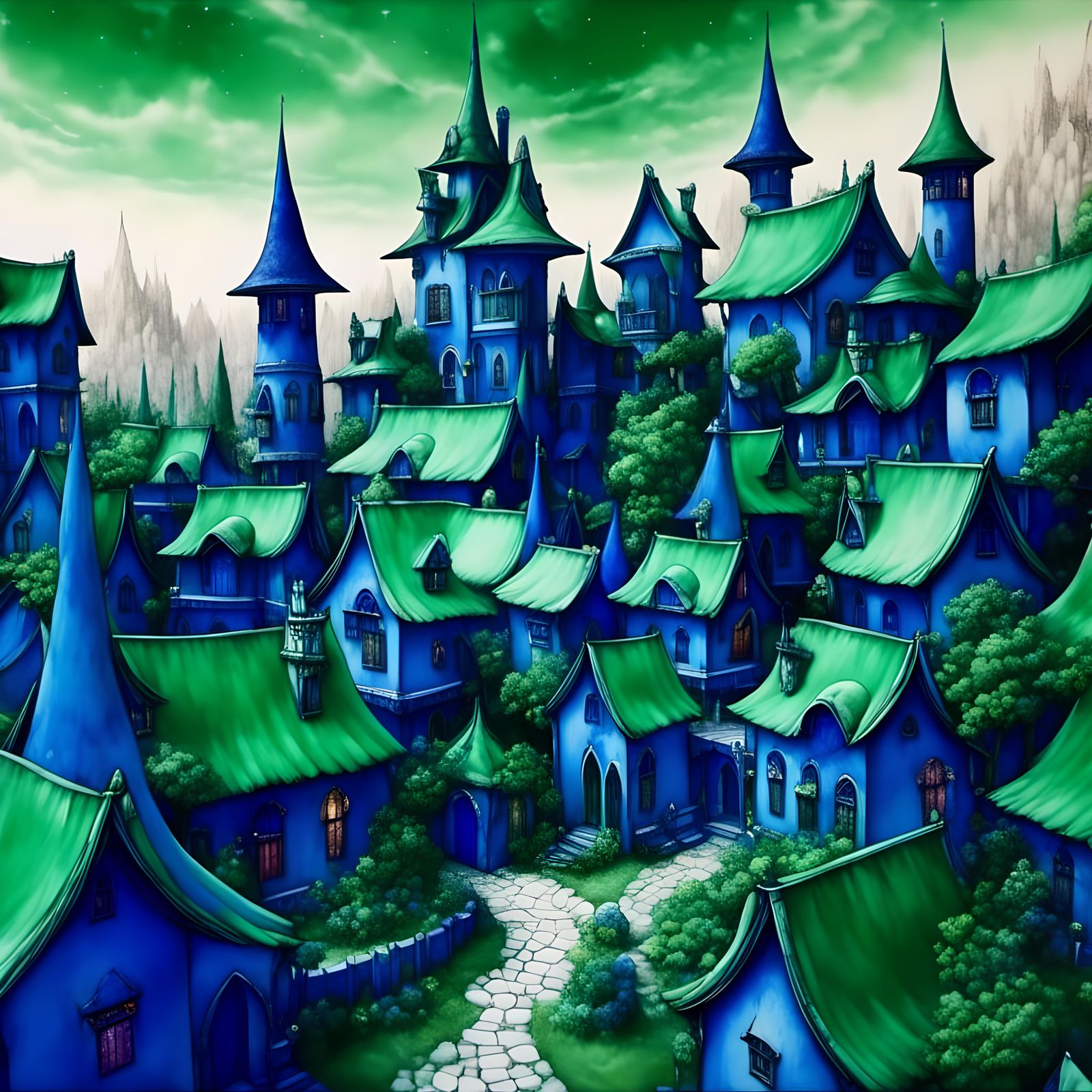 Fantasy village, palette emerald green and cobalt blue <lora:Dalle 3 lora 1:1.0>