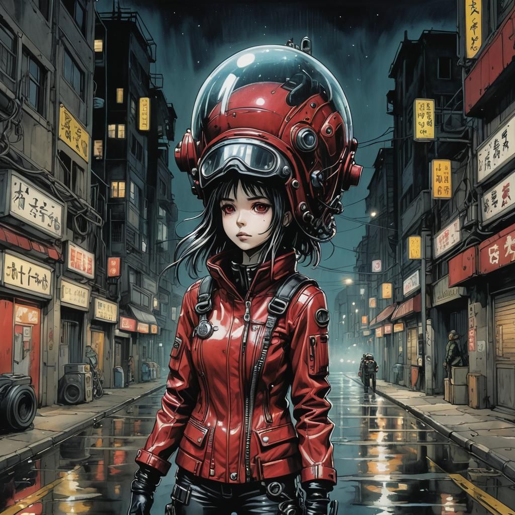 Biopunk Anime Girl in Diver Helmet, Cel-Shaded Ink Drawing