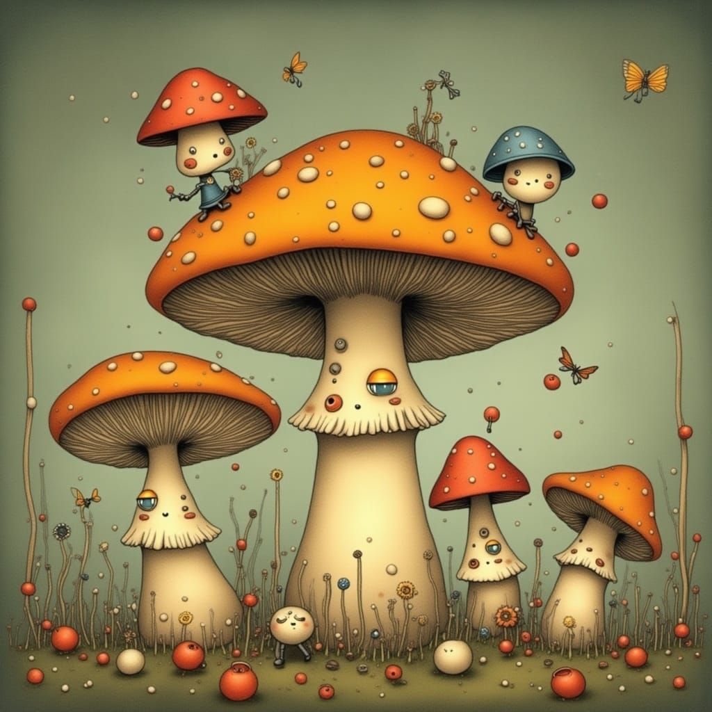 Whimsical Mushroom Characters in Surreal Illustration