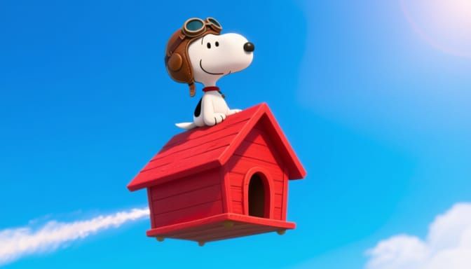 Snoopy Soars Above in His Flying Doghouse
