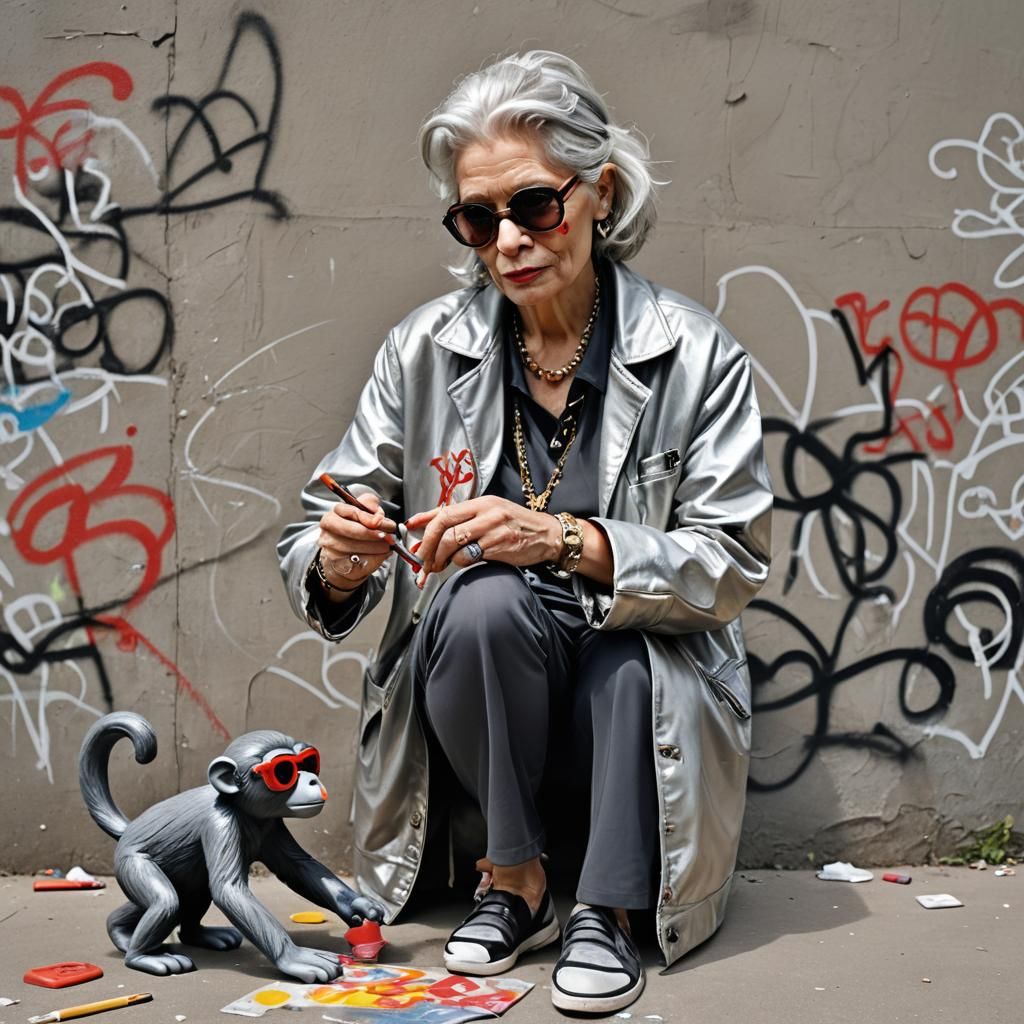 Graffiti Artist with Toy Monkey in Street Art Style