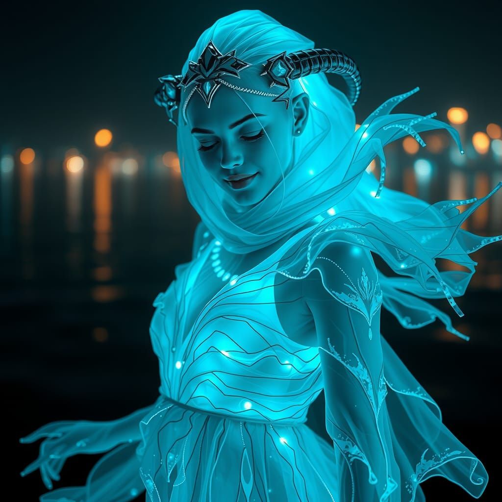 Cybernetic Ice Demon in Bioluminescent Ocean Dress