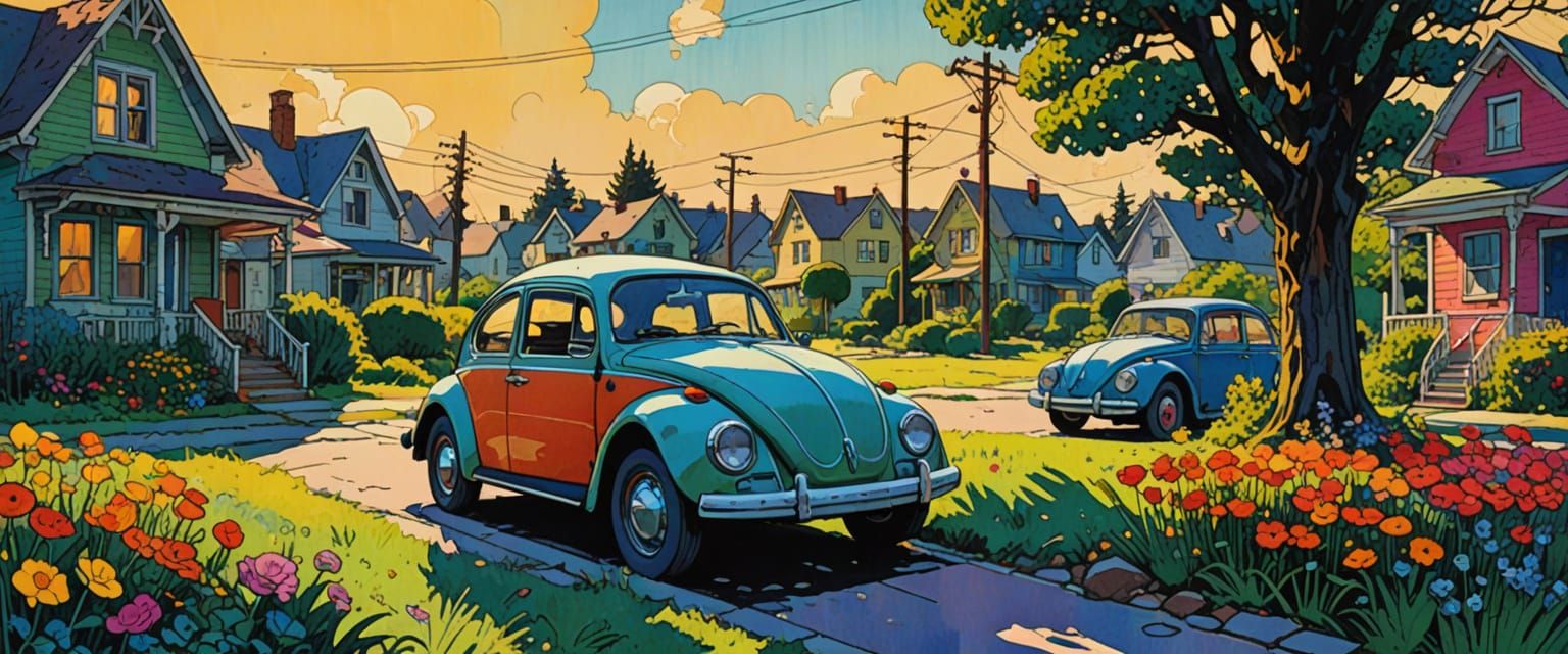 Abandoned Neighborhood with Classic Beetle in Comic Book Sty...