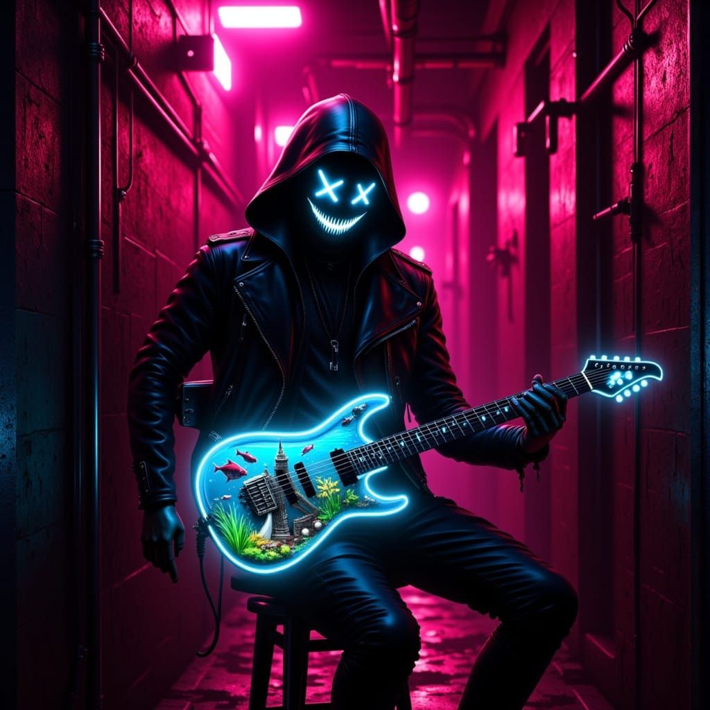 Cyberpunk Musician with Underwater Guitar in Neon Alley